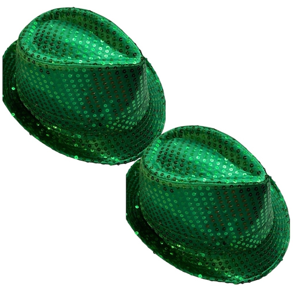 Two St Patricks Day LED Light Up Sequince Fedora Irish Green hat bundle of two